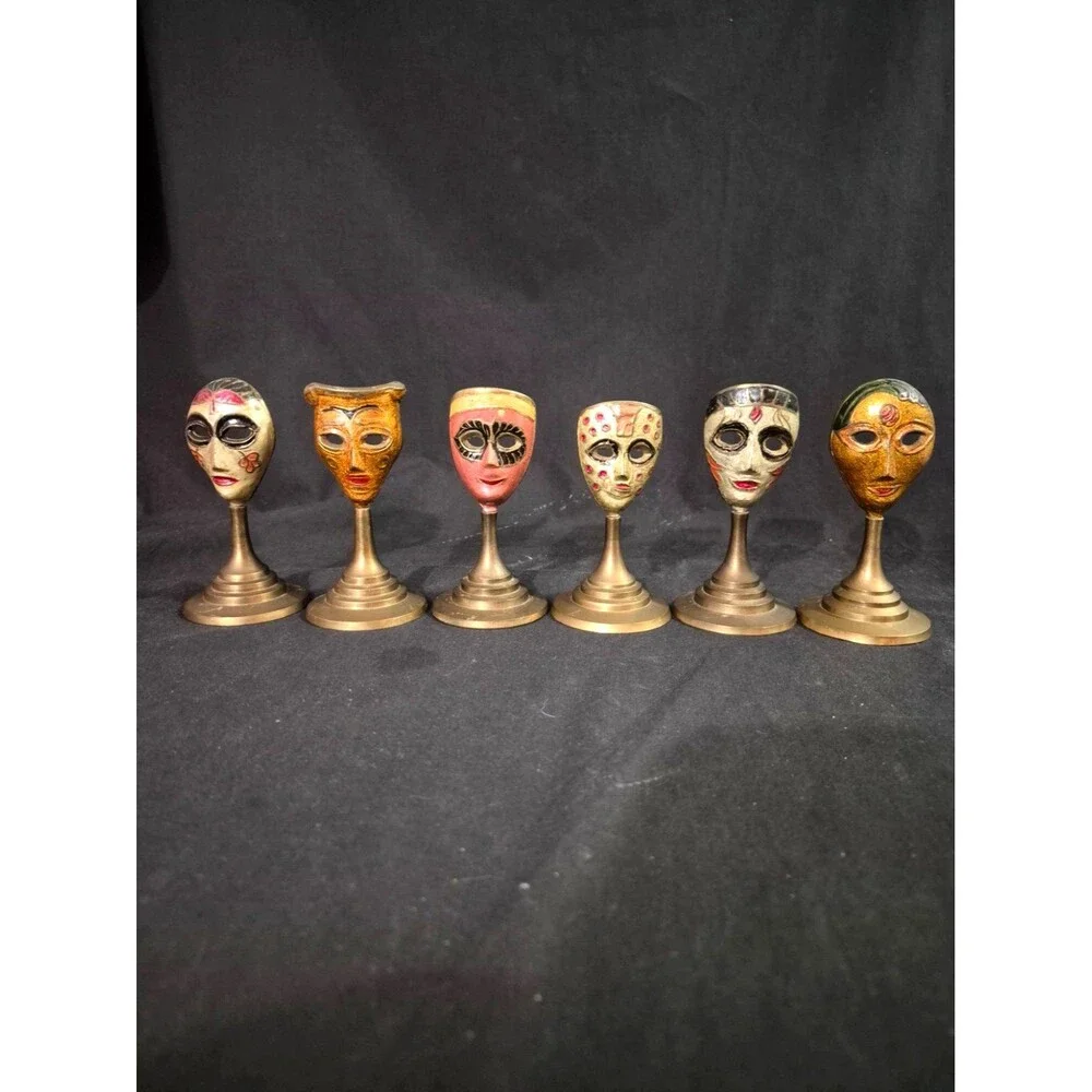 6 Vintage Shiva Goddess Brass Mask Faces On Stands Made In India 4 1/2